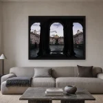 Room visualisation of London Arches at Dusk in a black frame, shown at 80 x 60 cm
