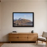 Room visualisation of Ben Nevis and the Old Boat of Caol in a black frame, shown at 75 x 50 cm