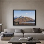 Room visualisation of Ben Nevis and the Old Boat of Caol in a black frame, shown at 75 x 50 cm
