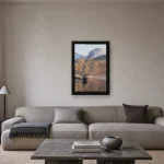 Room visualisation of Old Boat Below Ben Nevis in a black frame, shown at 30 x 45 cm