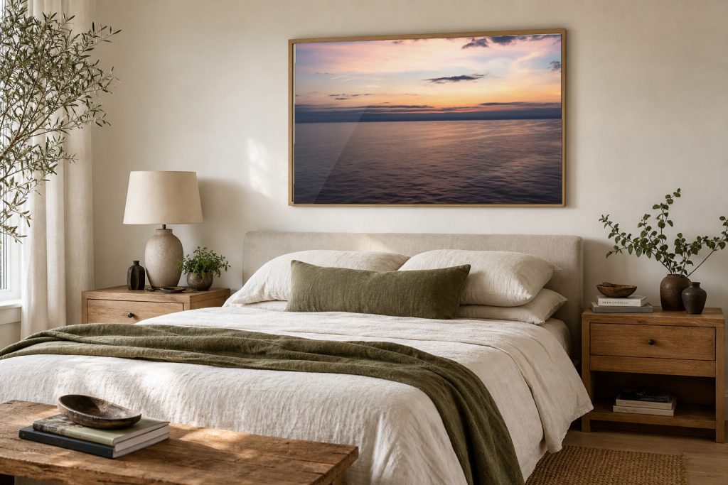 A framed Crossing at Dawn seascape photography print above a bed in a calm residential bedroom.