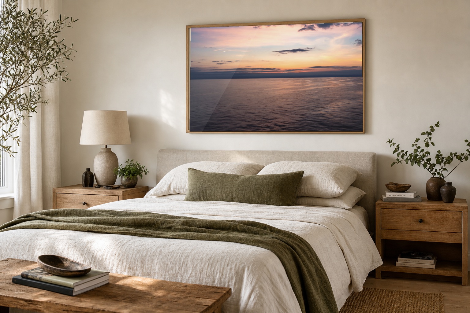 A framed Crossing at Dawn seascape photography print above a bed in a calm residential bedroom.