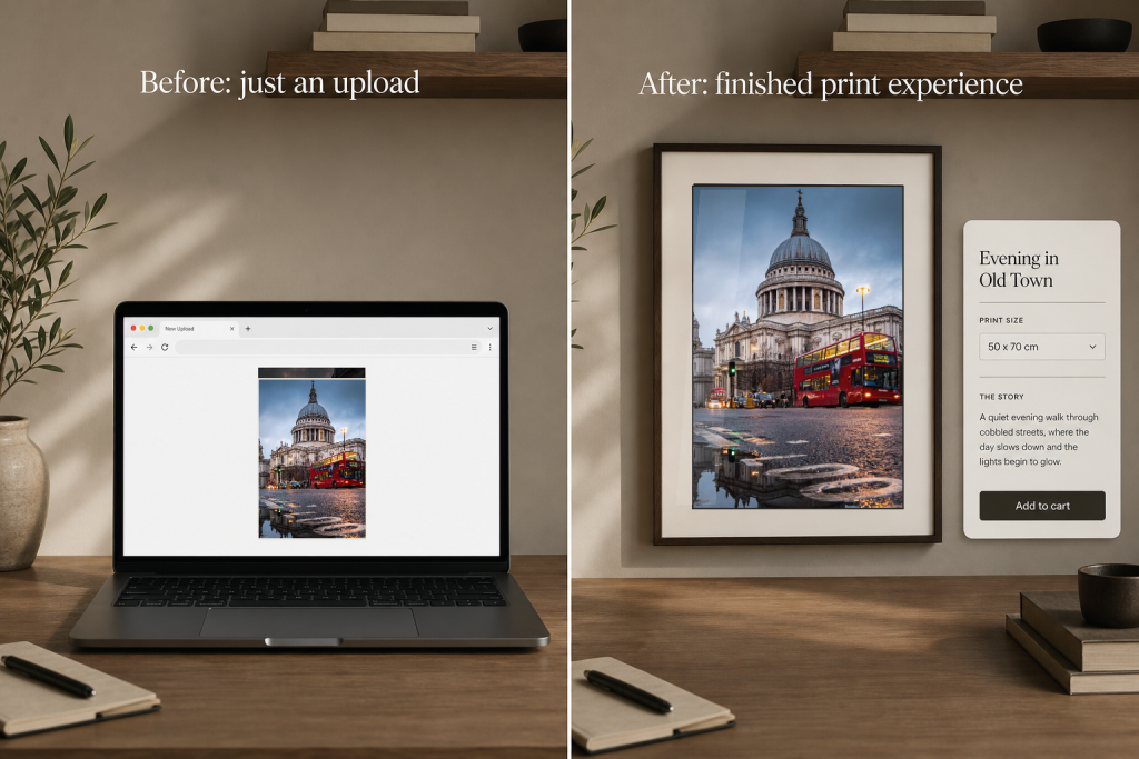 Before and after mockup showing the same St Paul’s Cathedral at Dusk photograph as a website upload and as a framed wall print.