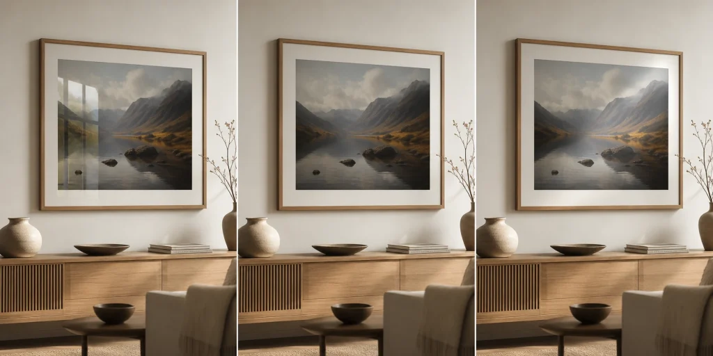 The same framed photography print shown with glossy, matte and lustre style finishes in a calm interior.
