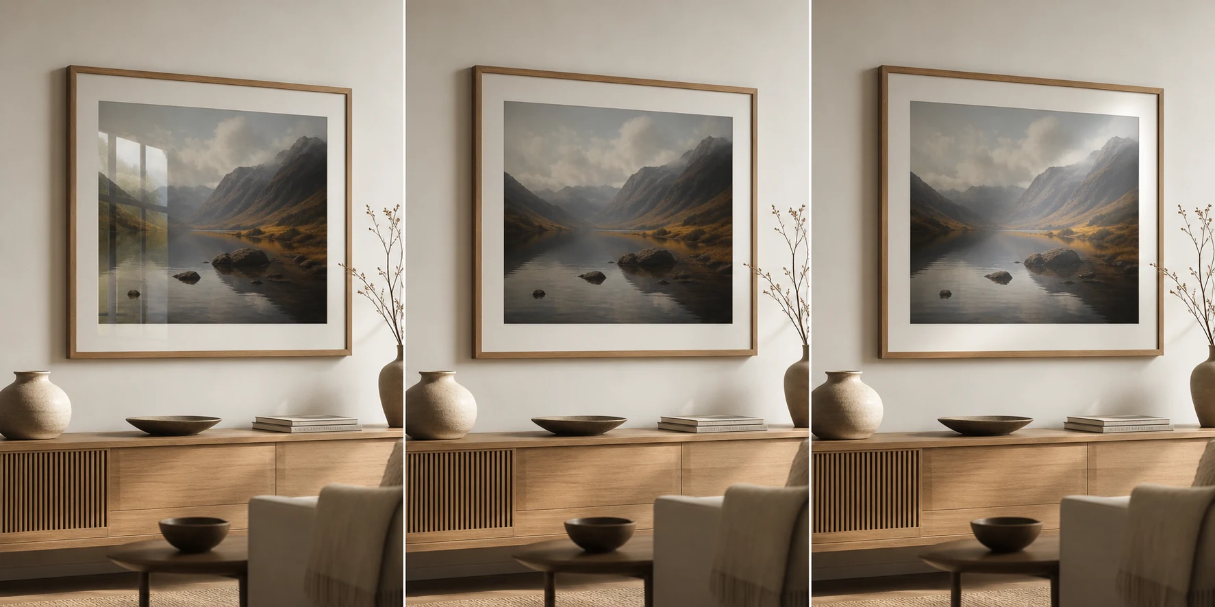 The same framed photography print shown with glossy, matte and lustre style finishes in a calm interior.