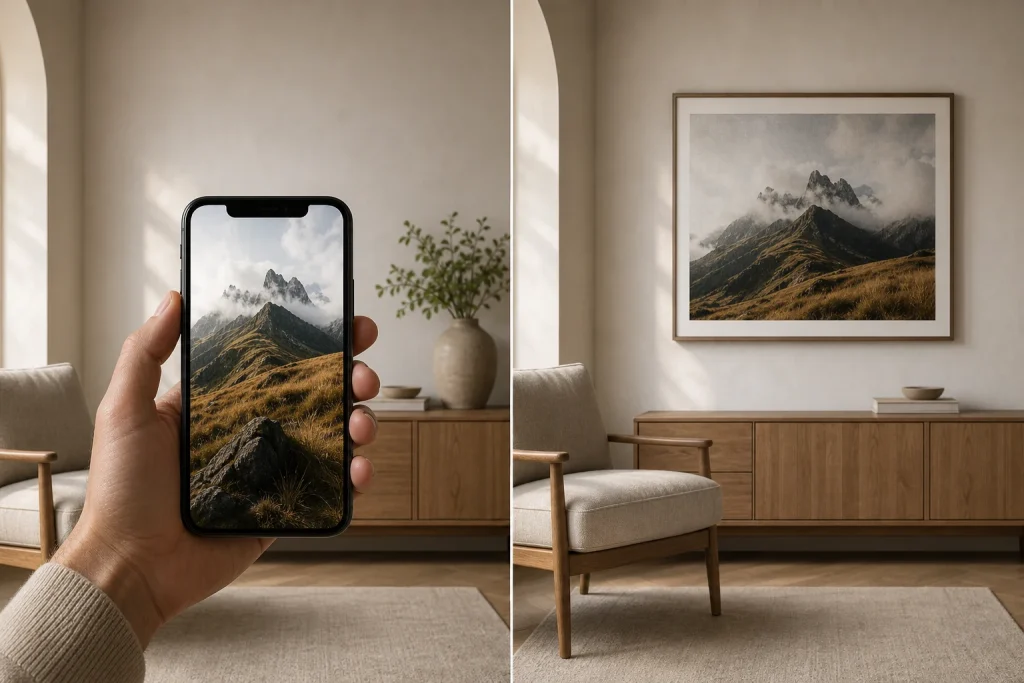 A bright phone screen and a framed photography print in the same room, showing why a photo can feel different when printed.