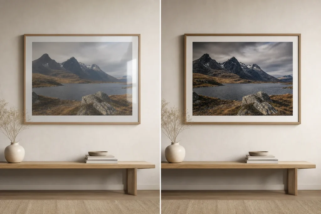A quick budget style photo print compared with a more refined fine art style photography print in the same room.
