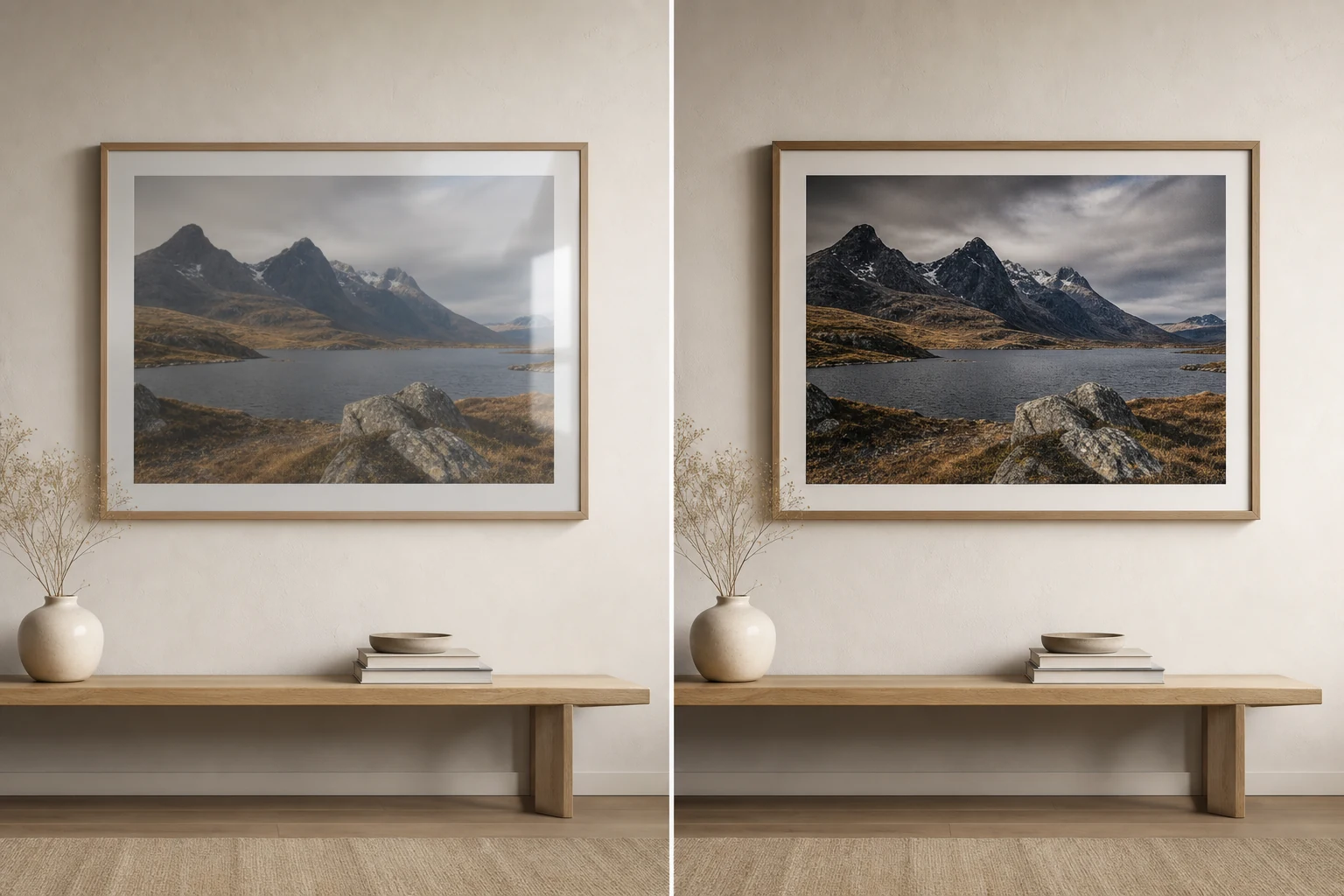 A quick budget style photo print compared with a more refined fine art style photography print in the same room.