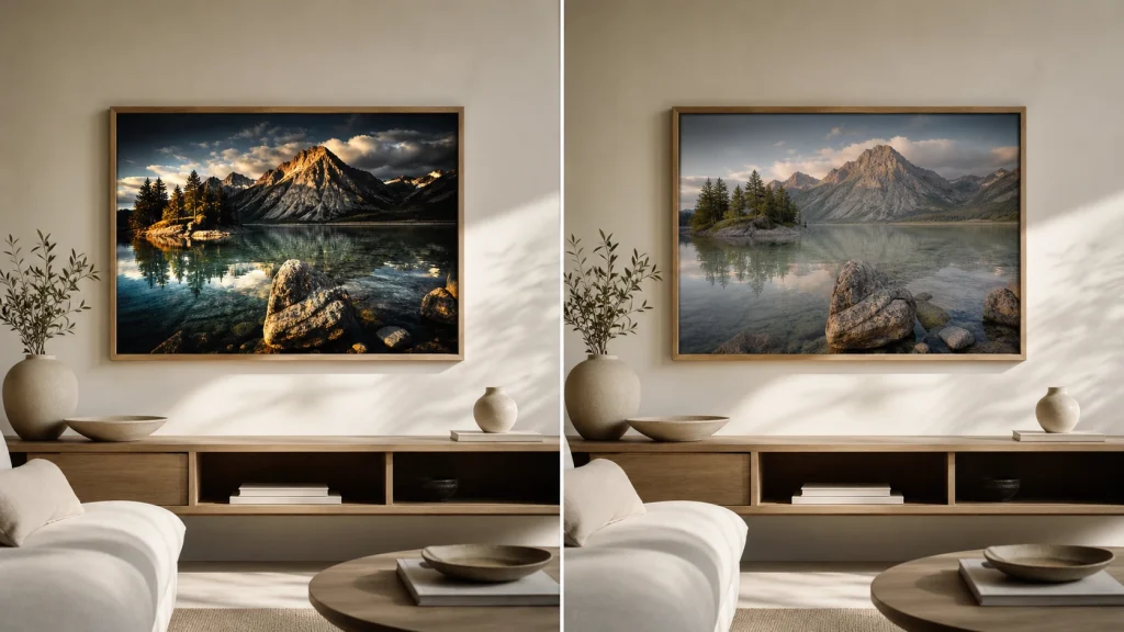 The same framed landscape print shown as an over edited file and a calmer print ready version.