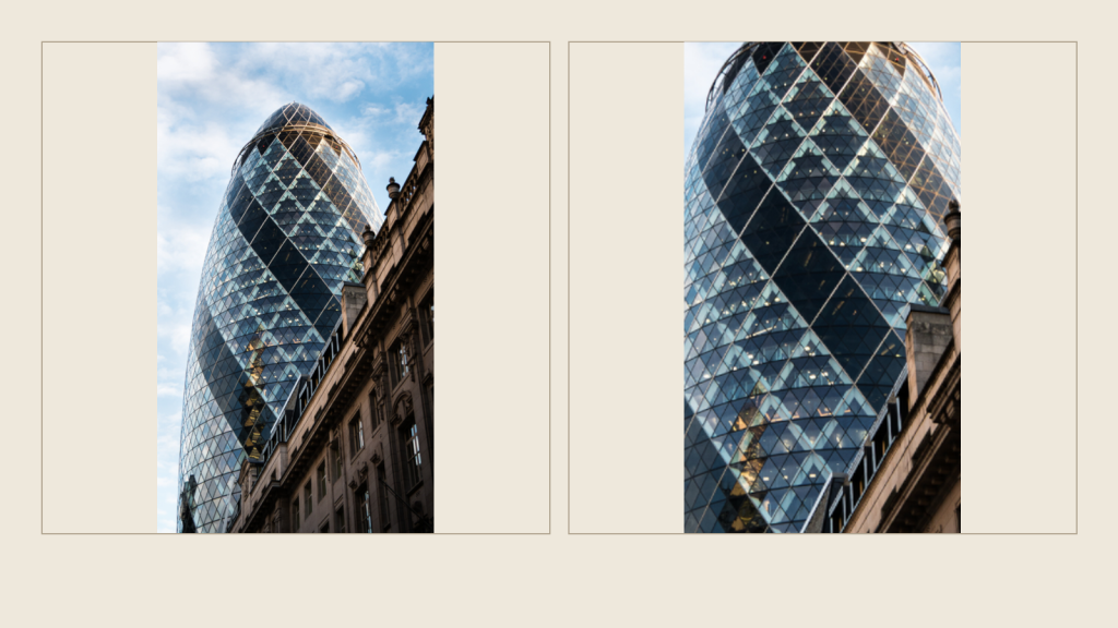 The Gherkin London architecture print shown as the original full frame beside a tighter crop to demonstrate narrower framing.