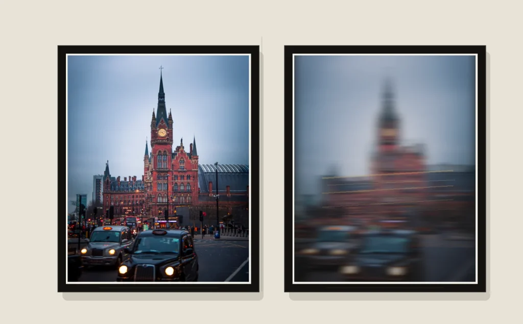 Side-by-side comparison of a sharp London photography print and a motion-blurred version showing fast versus slow shutter speed