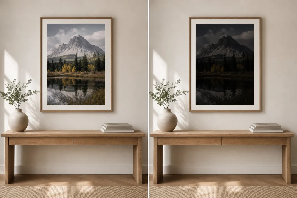 A correctly exposed framed photo print beside a version that has printed too dark, showing blocked shadows and muddy midtones.