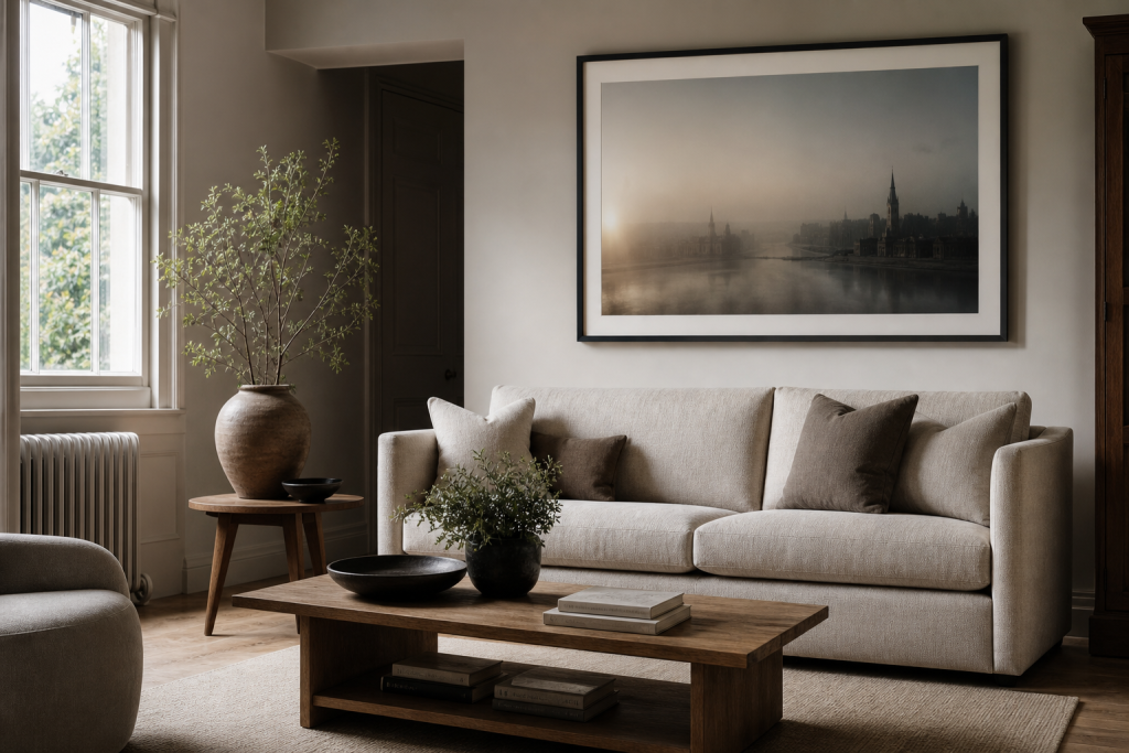 A calm neutral living room with a large framed photography print above a sofa.