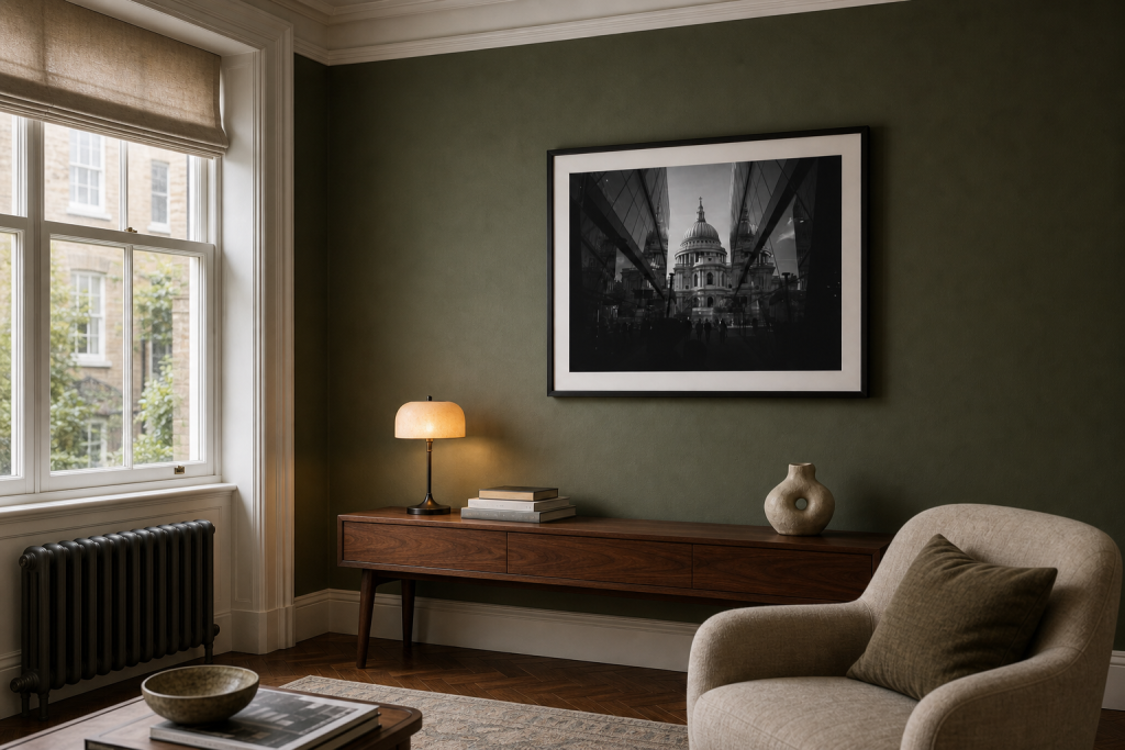 Black-and-white St Paul’s Cathedral photography print in a black frame on a deep green wall