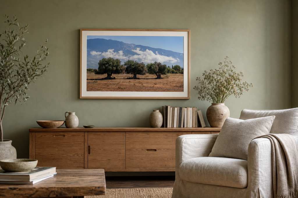 Three Olive Trees photography print in an oak frame on a sage green living-room wall