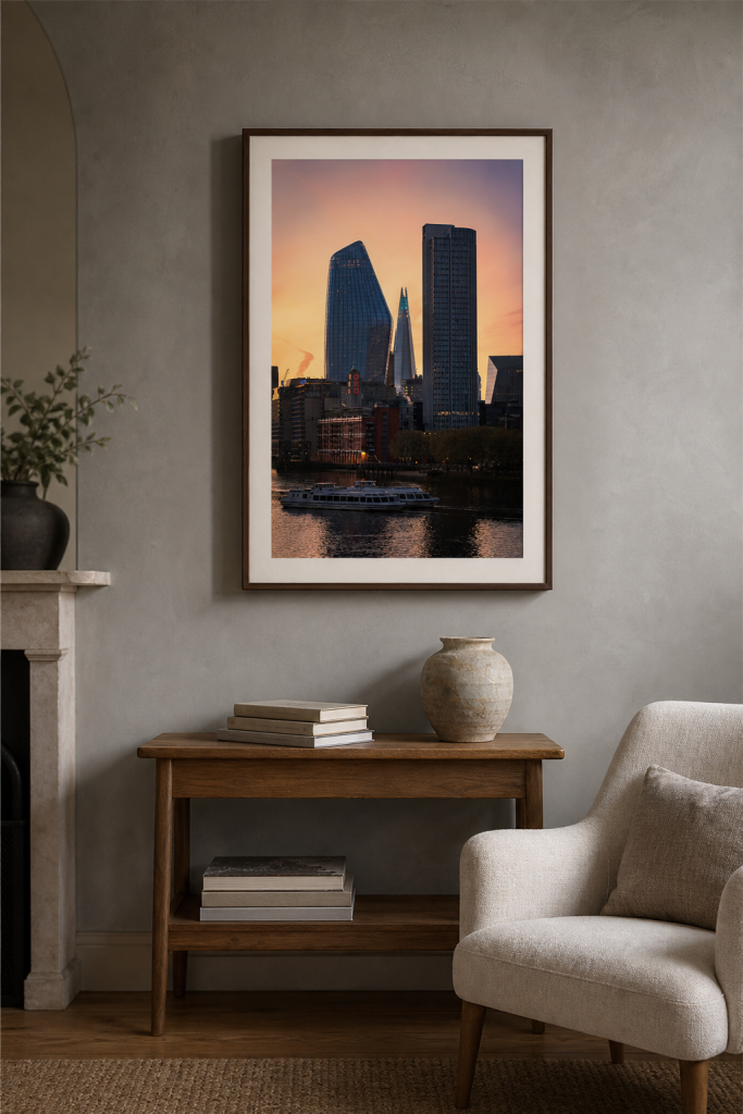 Warm London skyline photography print in a walnut frame on a soft grey living-room wall