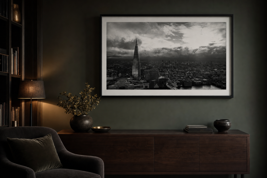 A framed black and white London skyline photography print above a dark sideboard in a moody room.