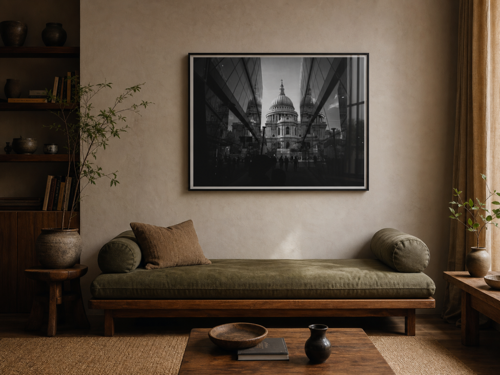 A framed black and white London architecture print above an olive-green daybed in a warm living room