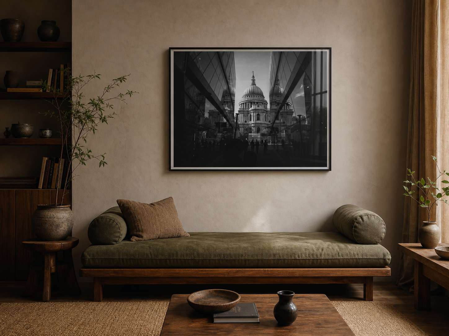 A framed black and white London architecture print above an olive-green daybed in a warm living room