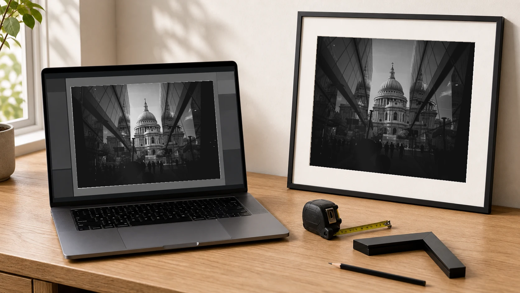 St Paul’s Cathedral photography print shown on a laptop and as a framed print beside a tape measure