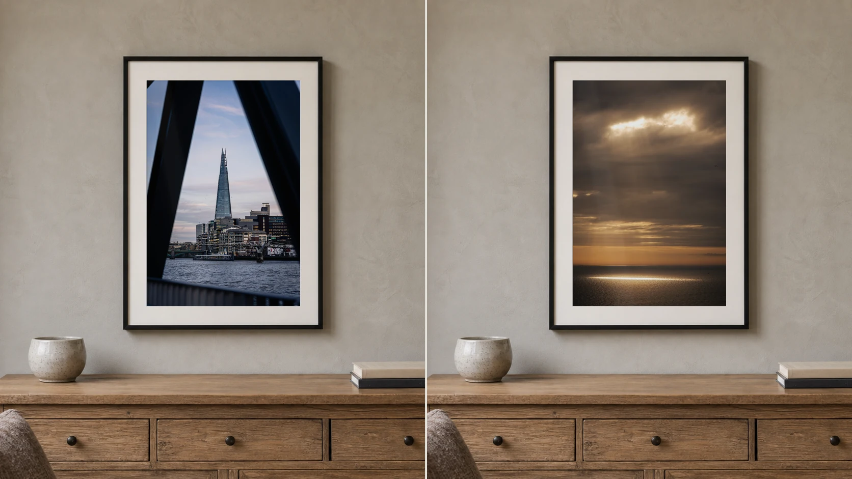 Shard Between Shadows and Light Break shown in the same room and frame for a fair wall art comparison