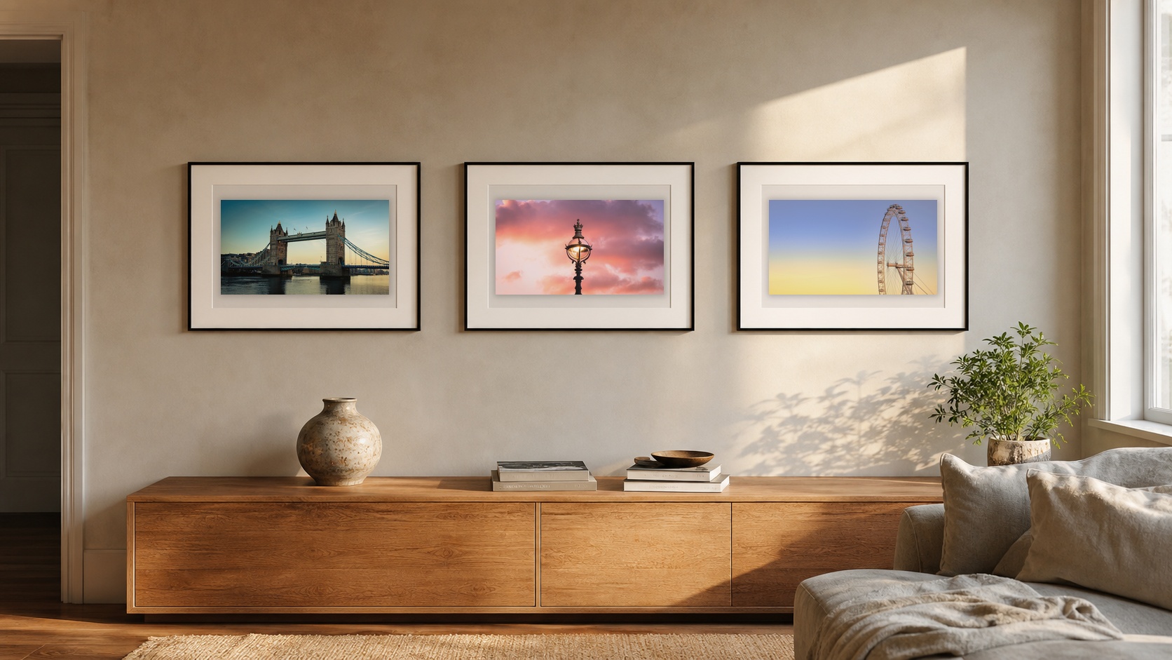 Three framed Othervariant photographs showing Tower Bridge at golden hour, a South Bank lamp at sunset, and the London Eye at twilight.