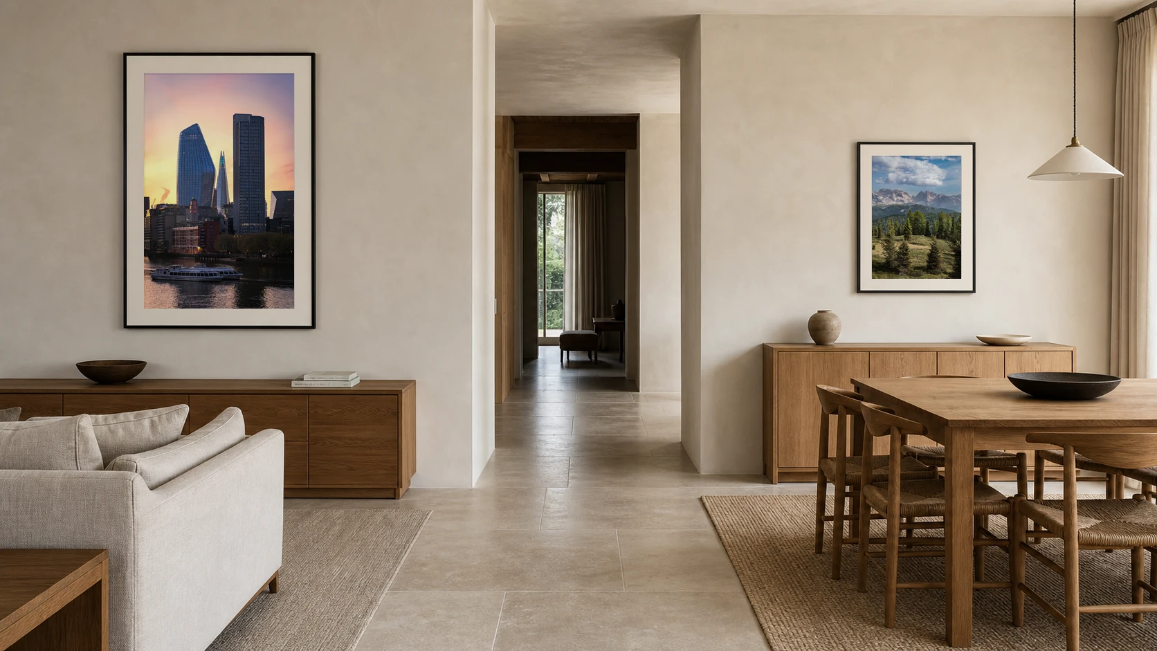 City Glow at Dusk and Val di Sole photography prints defining living and dining zones in an open-plan room