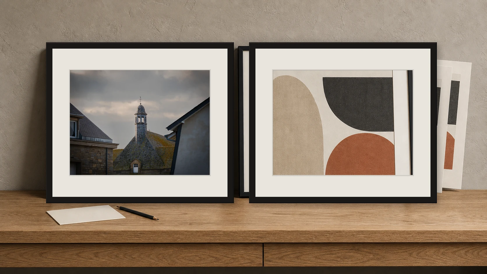 Storm Over the Belfry photography print compared with repeated generic wall art in matching black frames