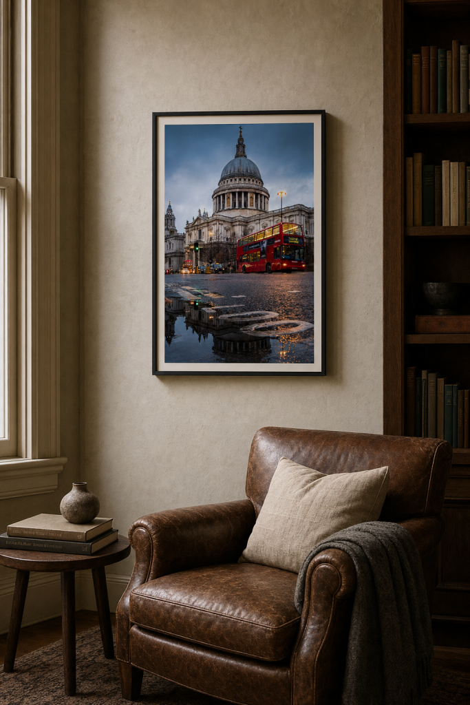 St Paul’s Cathedral street photography print with a red bus displayed in a warm reading room