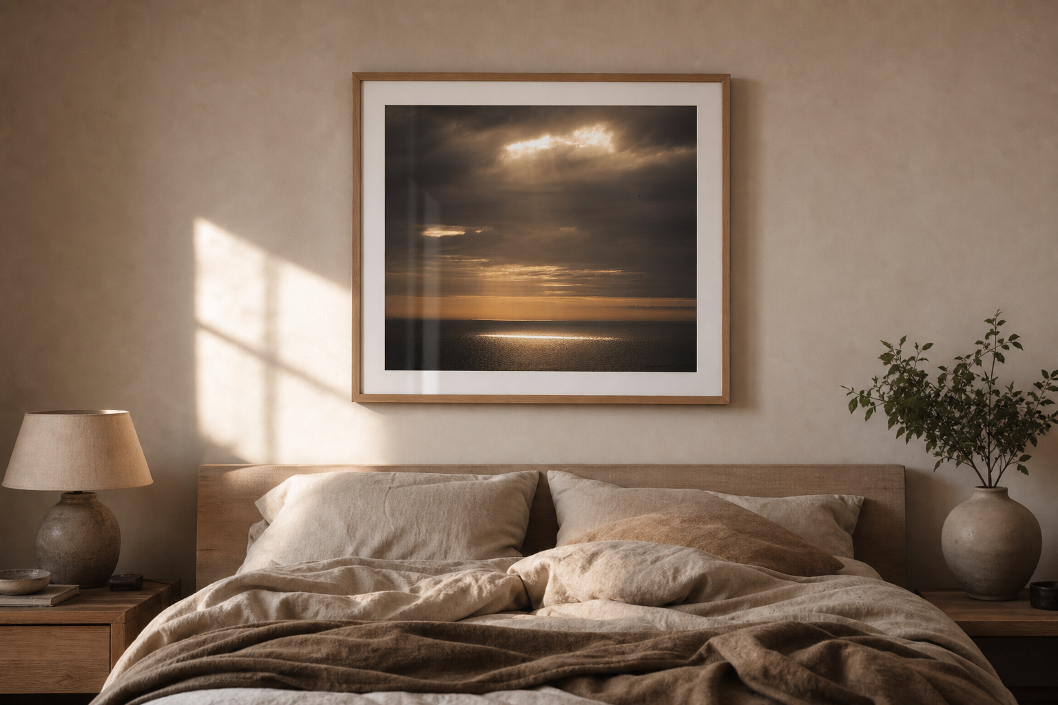 A framed seascape photography print centred above a linen bed in a calm neutral bedroom.